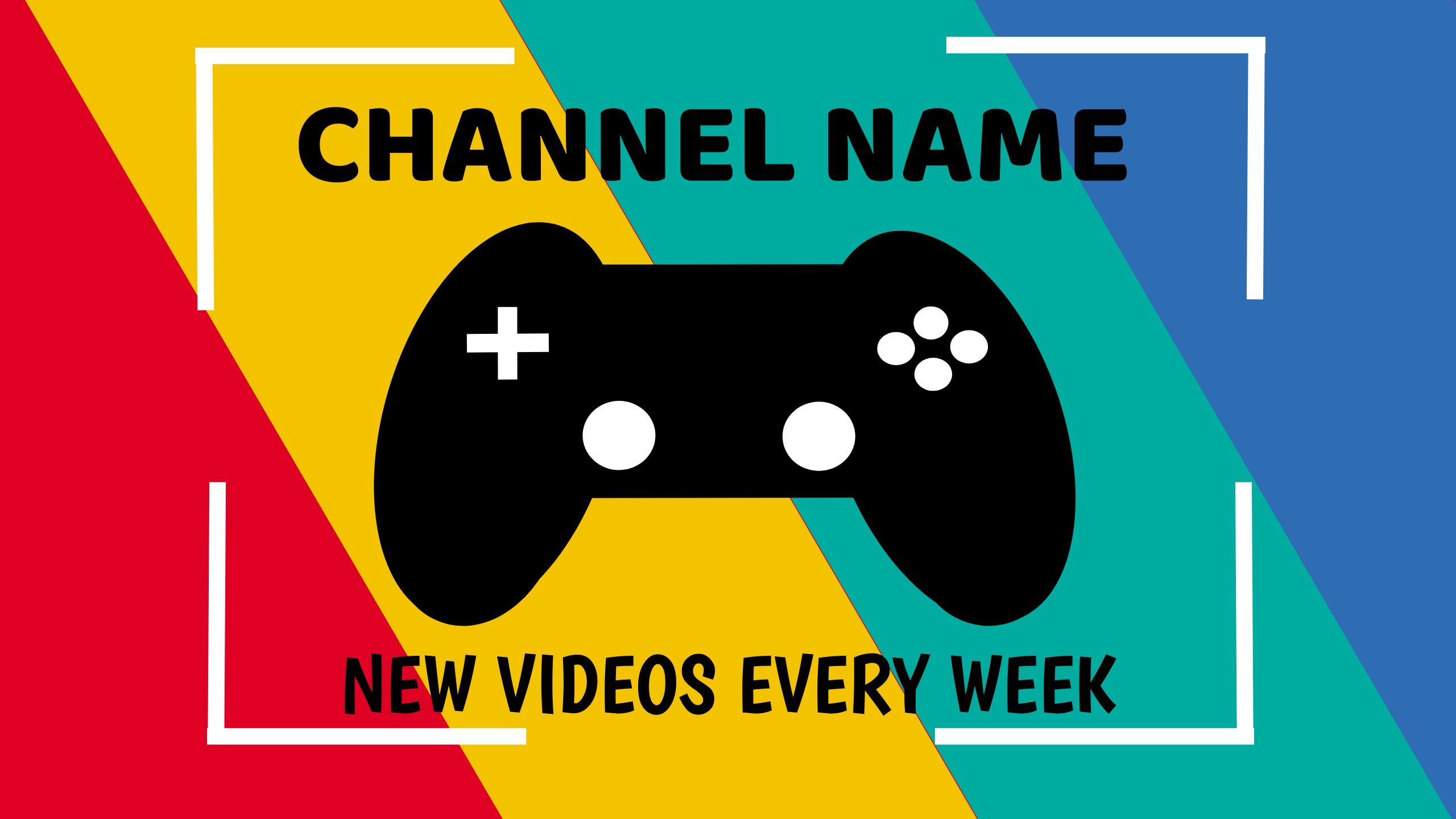 Colorido diseño de plantilla de banner de YouTube con el texto &quot;Nuevos videos cada semana&quot; y un ícono de consola en el centro